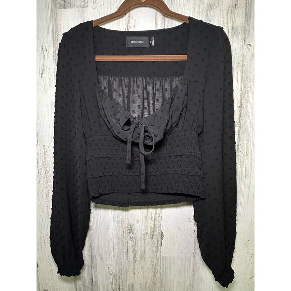 Minkpink Womens Sheer Black Smocked Crop Top XS Extra Small Swiss Dot Tie Front - Picture 1 of 7